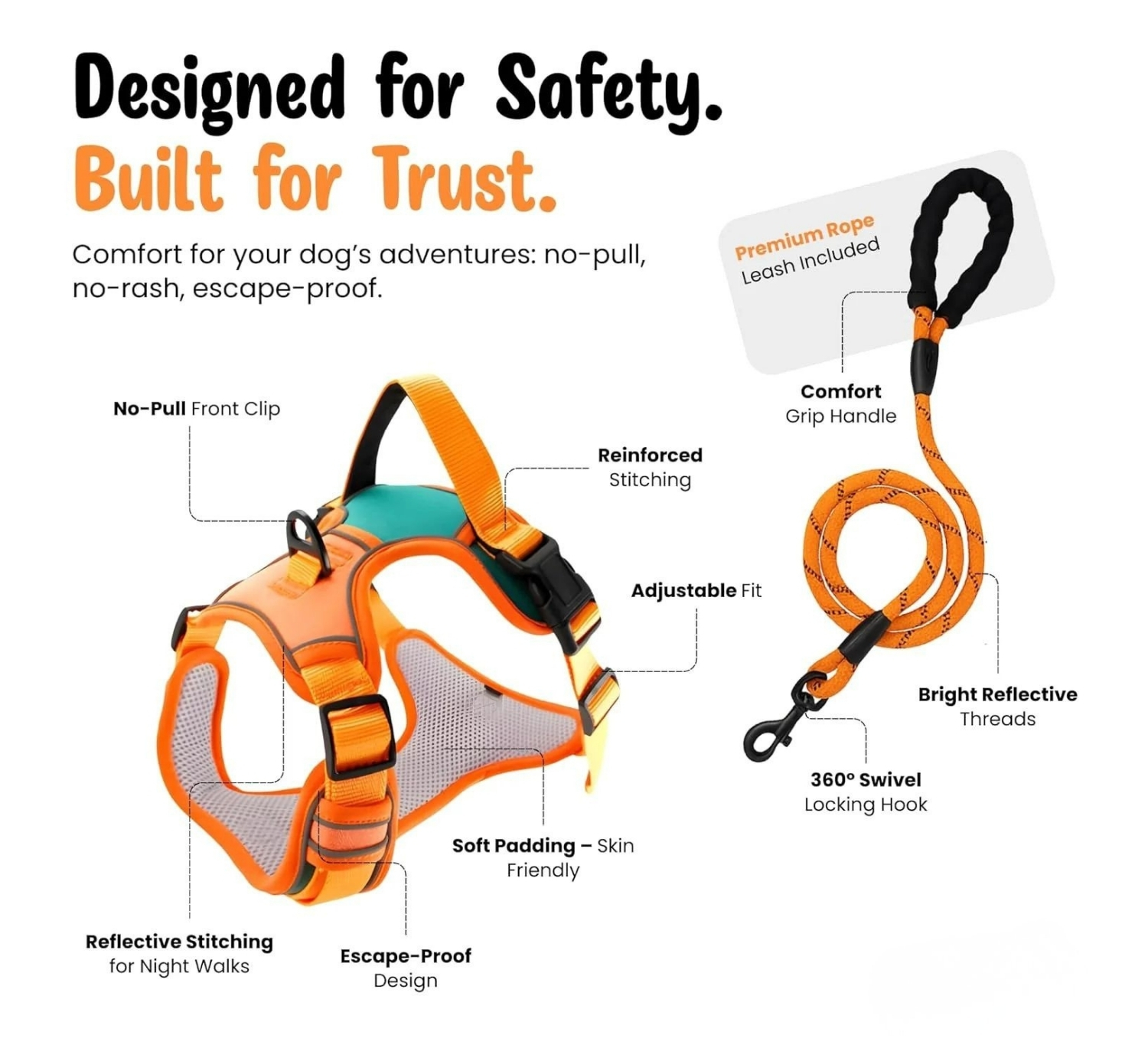 Customised - No-Pull Dog Harness & Leash Set (Adjustable, Padded)