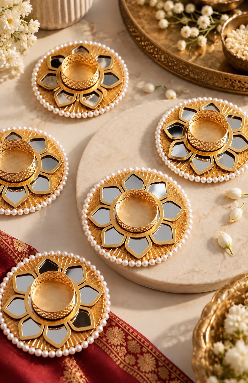 Handmade Embellished Diya - Mirror Lotus Diya
